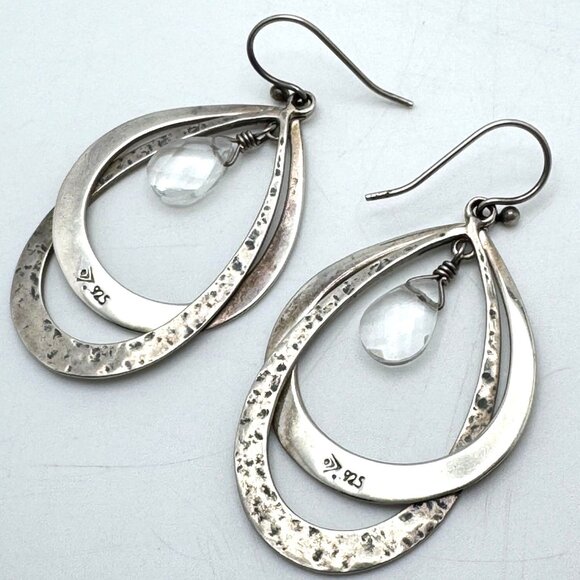 Silpada Sterling Silver Double Hoop Earrings Clear Crystal Dangle Etched Design - Picture 6 of 7